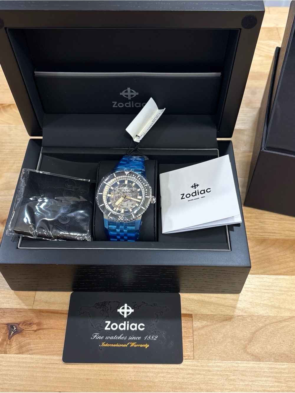 Zodiac Super Sea Wolf Auto Skeleton Dial Black Bezel Steel Bracelet Watch ZO9319